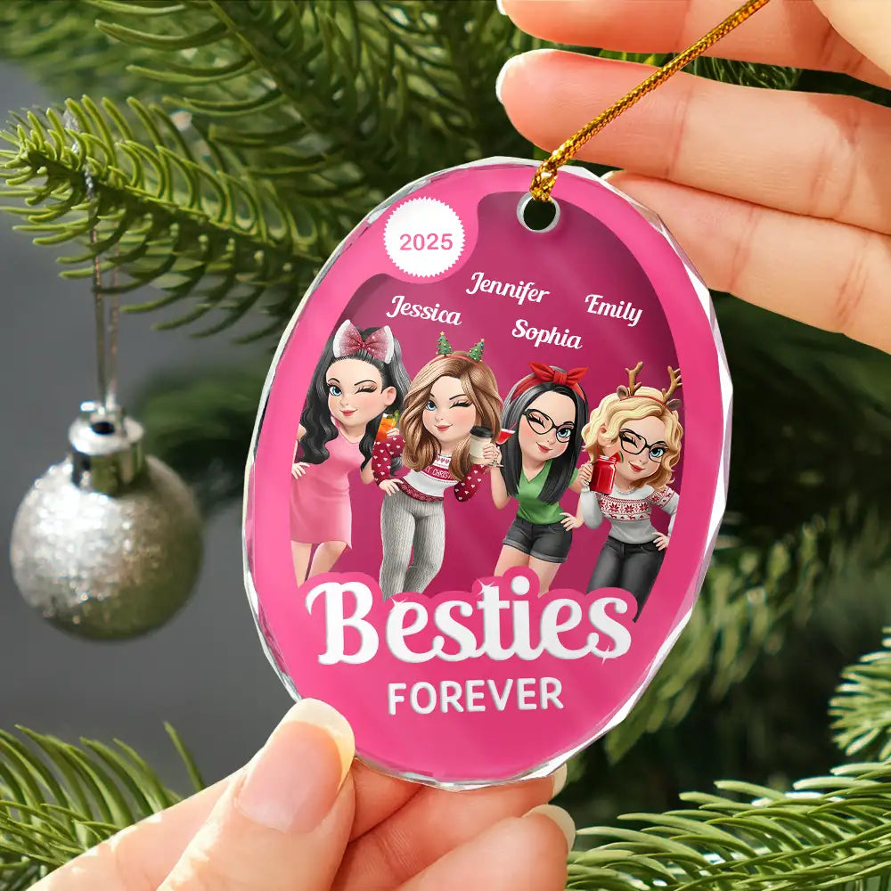 Gift For Bestie,Gift For Sisters,Happy,Gift For Women,Christmas - Besties Forever Pink Action Figure 3D Effect - Personalized Oval Glass Ornament