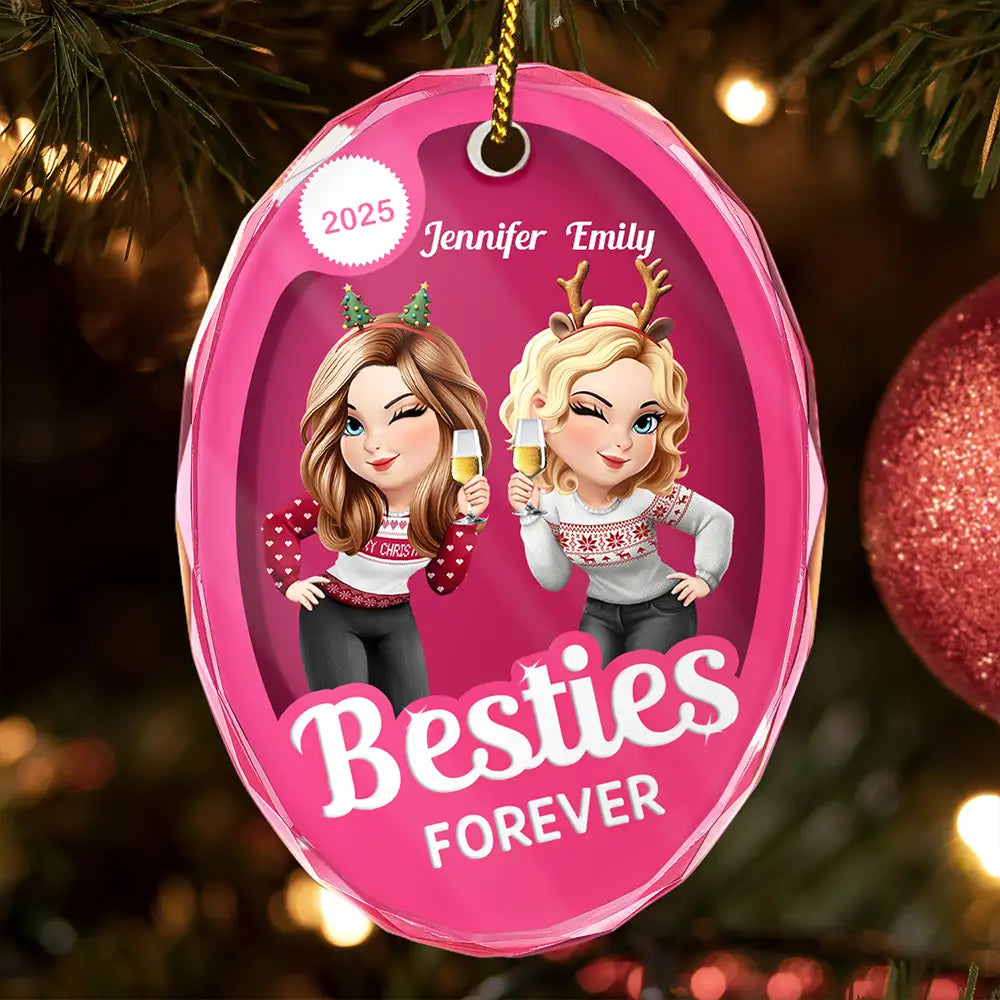 Gift For Bestie,Gift For Sisters,Happy,Gift For Women,Christmas - Besties Forever Pink Action Figure 3D Effect - Personalized Oval Glass Ornament
