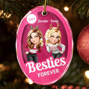 Gift For Bestie,Gift For Sisters,Happy,Gift For Women,Christmas - Besties Forever Pink Action Figure 3D Effect - Personalized Oval Glass Ornament