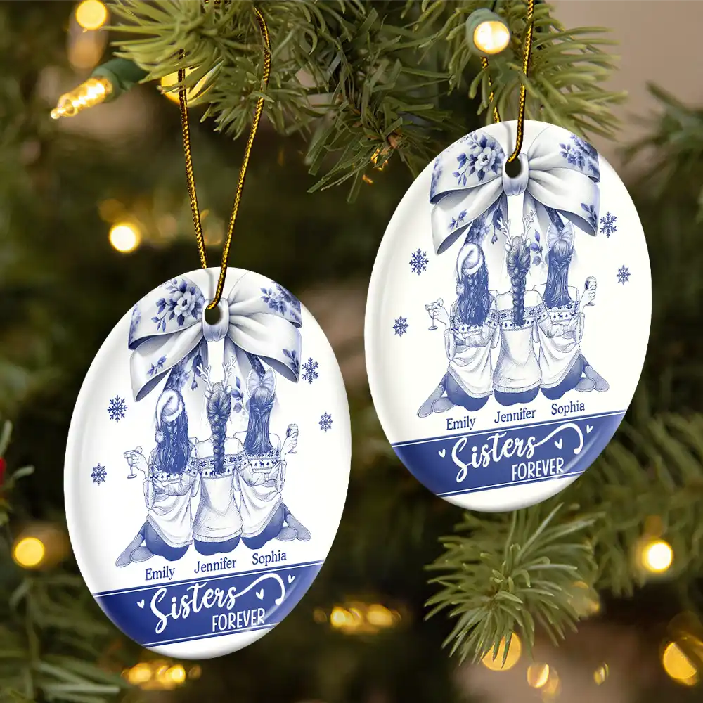 Gift For Bestie,Gift For Sisters,Gift For Women,Gifts For Colleagues,Happy,Christmas - Besties Forever Toile - Personalized Circle Ceramic Ornament