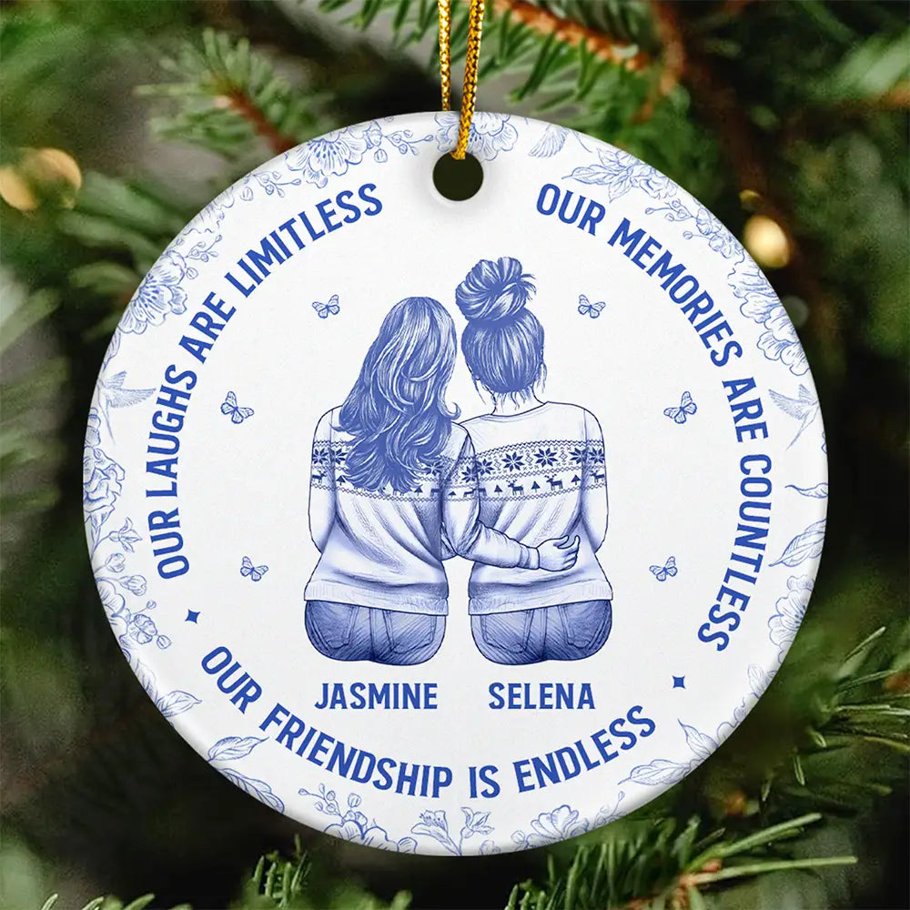 Besties Our Laughs Are Limitless Best Friends Toile - Personalized Circle Ceramic Ornament