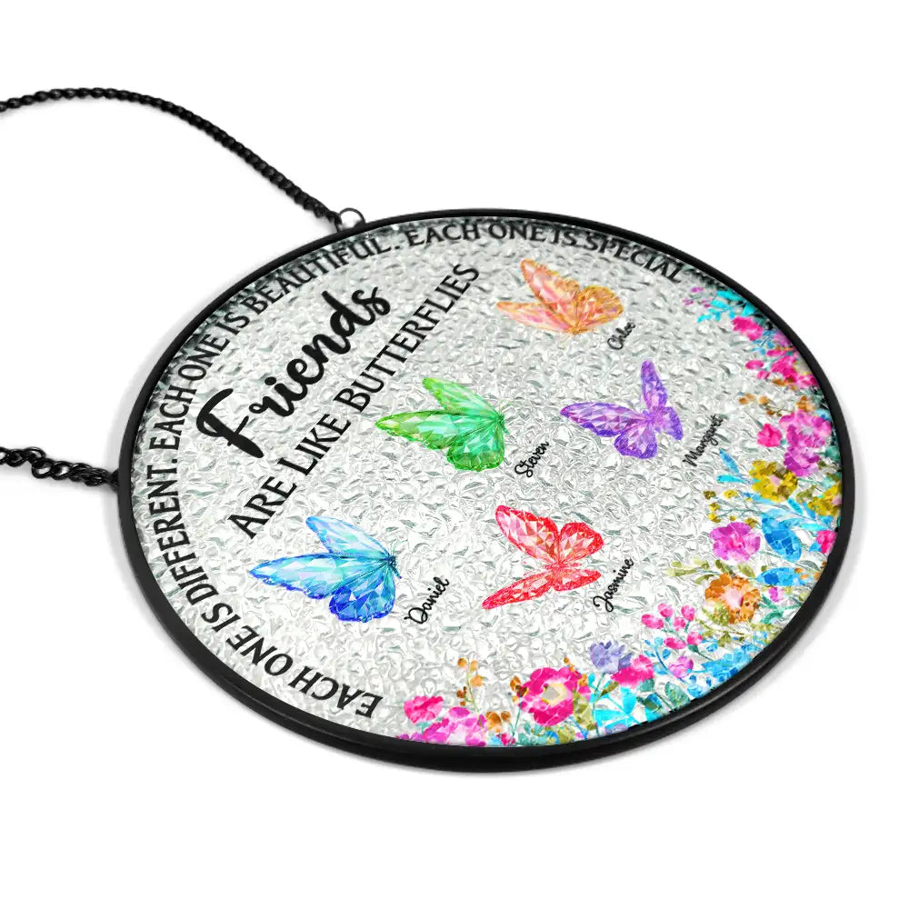 Gift For Bestie, Gift For Sibling, Gift For Sisters - Besties Sisters Friends Are Like Butterflies Crystal Effect - Personalized Stained Glass Window Hanging Suncatcher