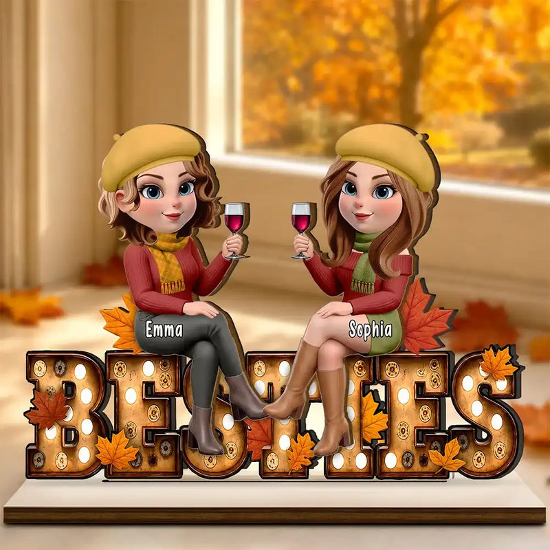 Gift For Bestie,Cozy,Vector - Besties Sitting On Text Marquee Effect - Personalized Custom Shaped Wooden Plaque