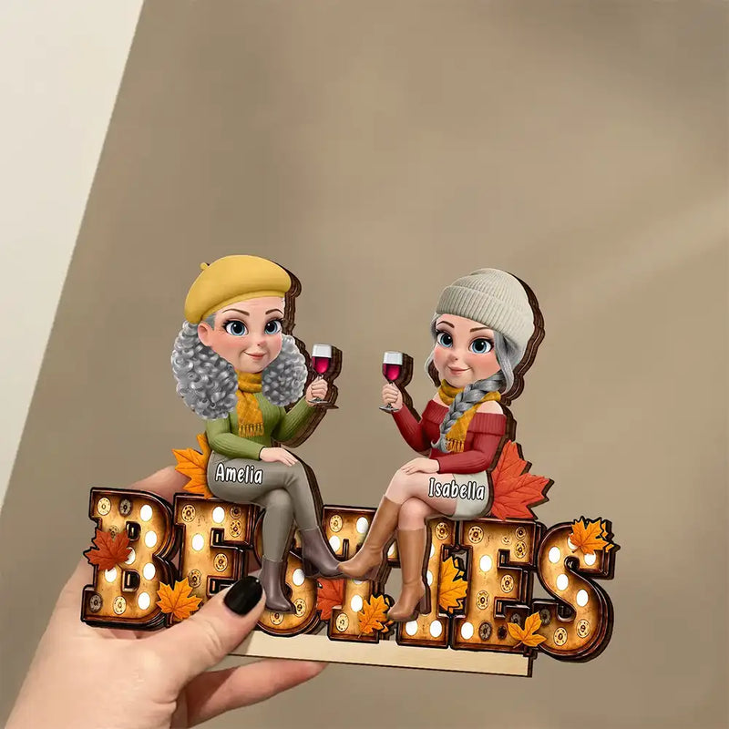 Gift For Bestie,Cozy,Vector - Besties Sitting On Text Marquee Effect - Personalized Custom Shaped Wooden Plaque