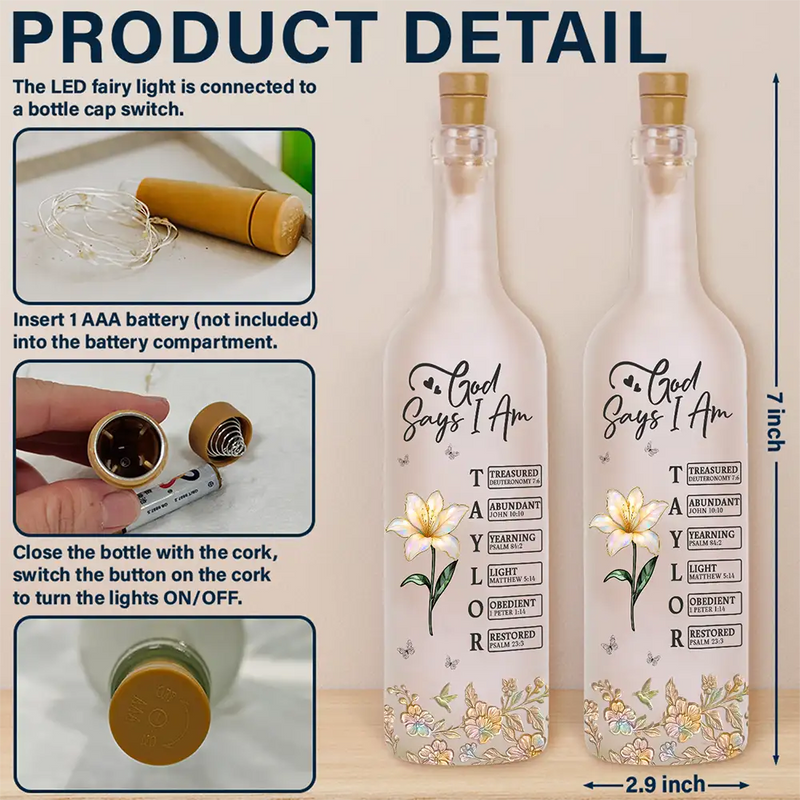 Gift For Yourself, Gift For Women, Love - Bible Verse God Says I Am Birth Flower Nacre Effect - Personalized Bottle Light