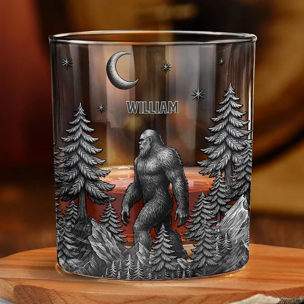 Camping,Campsite,Gift For Men,Funny - Big Foot Sasquatch Camping - Personalized Whiskey Glass