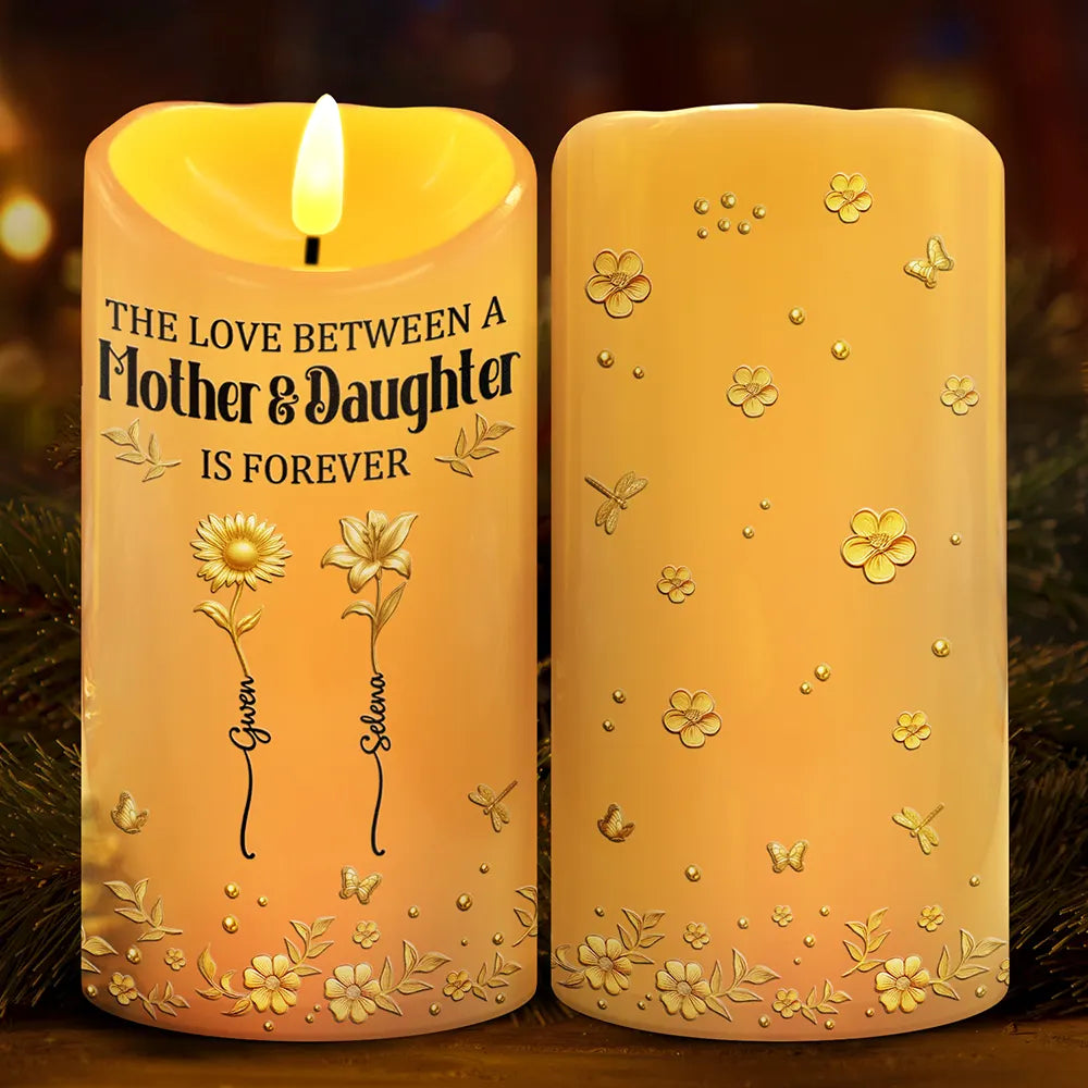 3D Metal Effect Birth Month Flowers Mother And Daughters - Personalized Flameless LED Candle