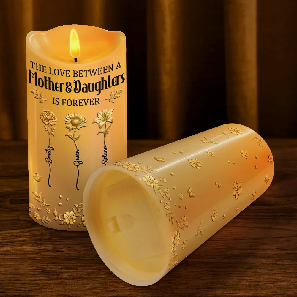 Gift For Women,Gift For Mother,Mom - Daughters (Adult),Mom - Daughters (Young),Gift For Daughter,Love - 3D Metal Effect Birth Month Flowers Mother And Daughters - Personalized Flameless LED Candle