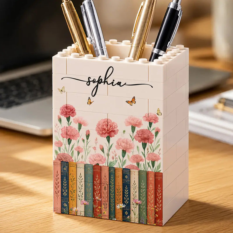 Reading,Gift For Yourself,Gift For Women,Icon,Happy - Birth Month Flower With Name - Personalized Building Block Pen Holder
