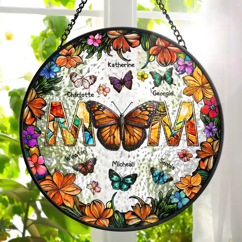 Birth Butterfly We Love You Mom - Personalized Stained Glass Window Hanging Suncatcher