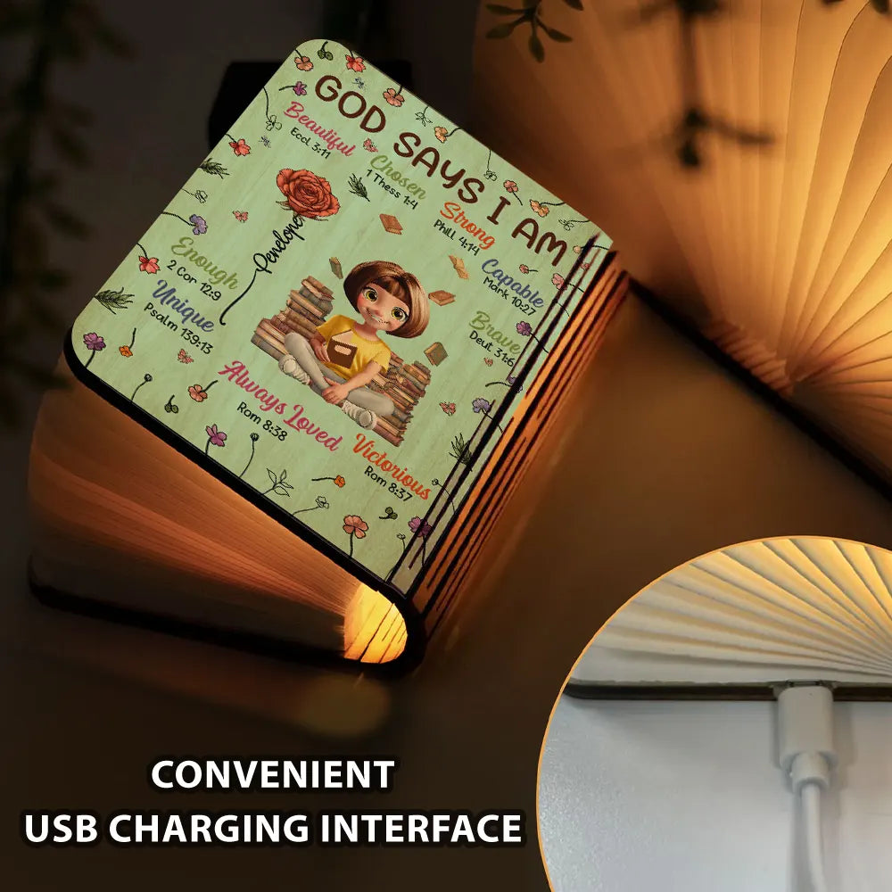 Gift For Bestie, Christmas, Love - Birth Flower Bible Verse God Says I Am - Personalized Book Lamp