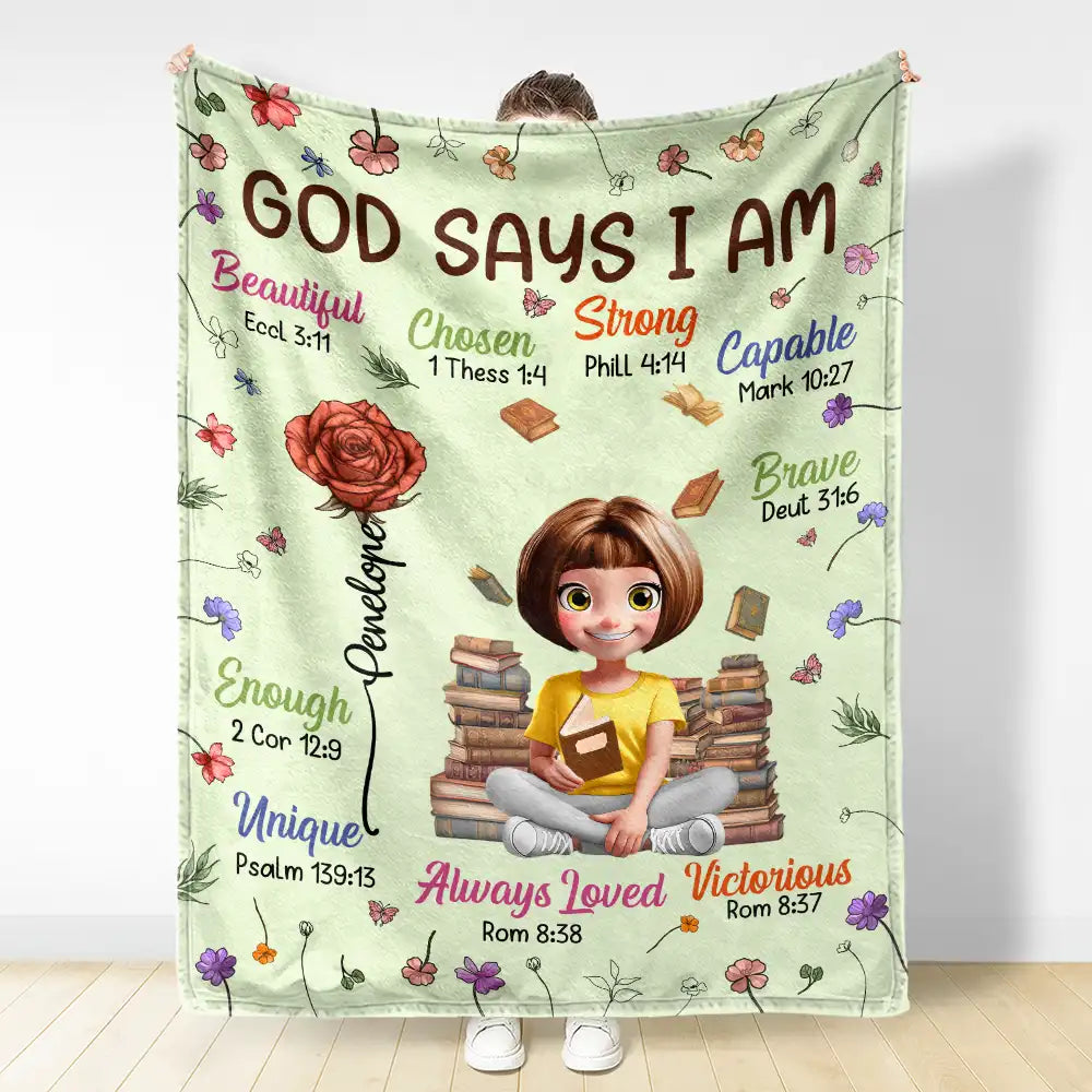Gift For Bestie, Christmas, Love - Birth Flower Bible Verse God Says I Am - Personalized Fleece Blanket, Sherpa Blanket