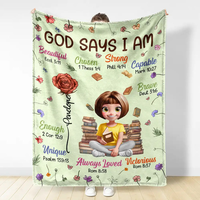 Gift For Bestie, Christmas, Love - Birth Flower Bible Verse God Says I Am - Personalized Fleece Blanket, Sherpa Blanket