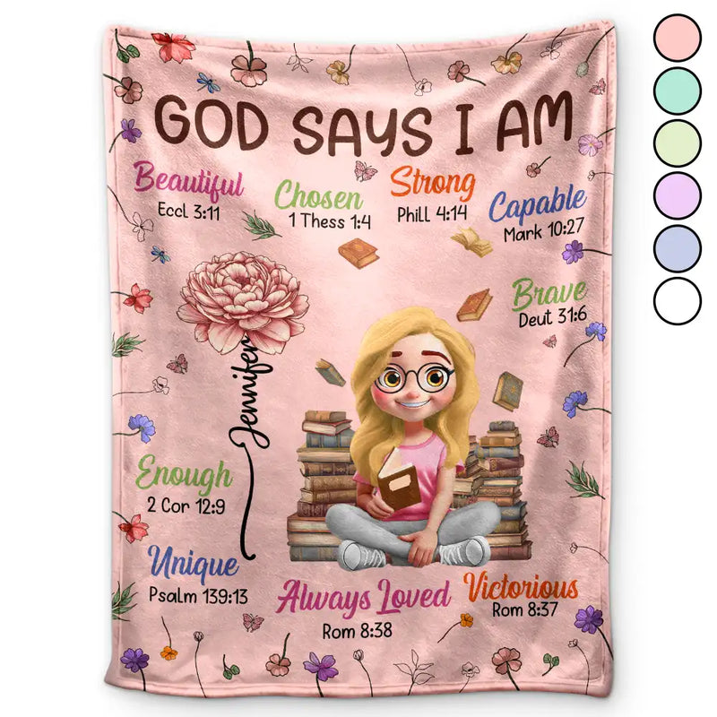 Gift For Bestie, Christmas, Love - Birth Flower Bible Verse God Says I Am - Personalized Fleece Blanket, Sherpa Blanket