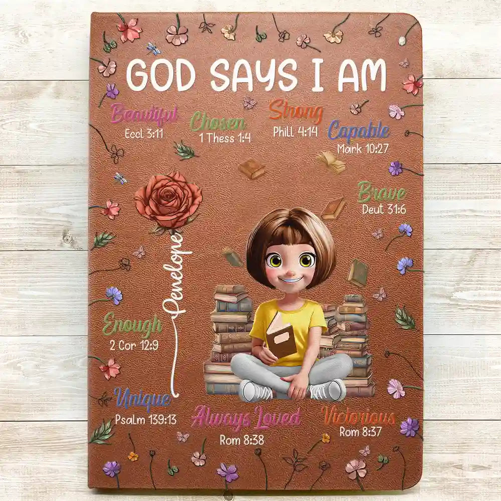 Gift For Bestie, Christmas, Love - Birth Flower Bible Verse God Says I Am - Personalized Leather Journal