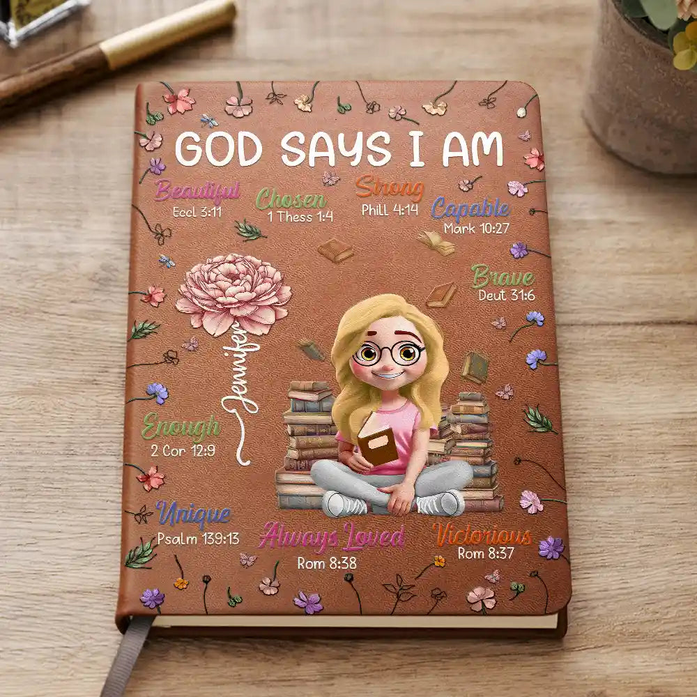 Gift For Bestie, Christmas, Love - Birth Flower Bible Verse God Says I Am - Personalized Leather Journal