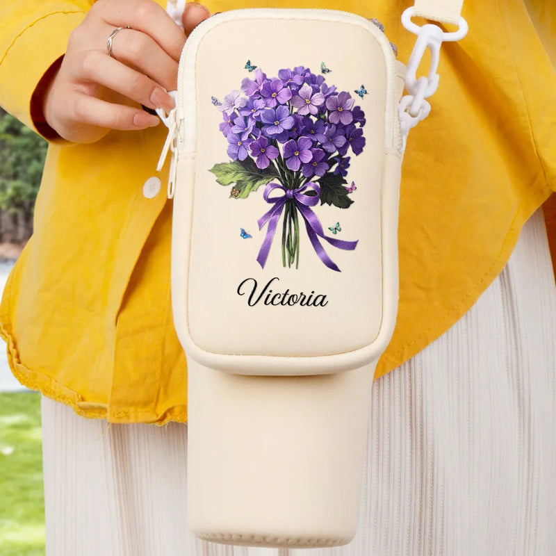 Gift For Yourself, Gift For Women, Gift For Mother, Gift For Grandma, Happy - Birth Flower Bouquet - Personalized Bottle Carrier Bag