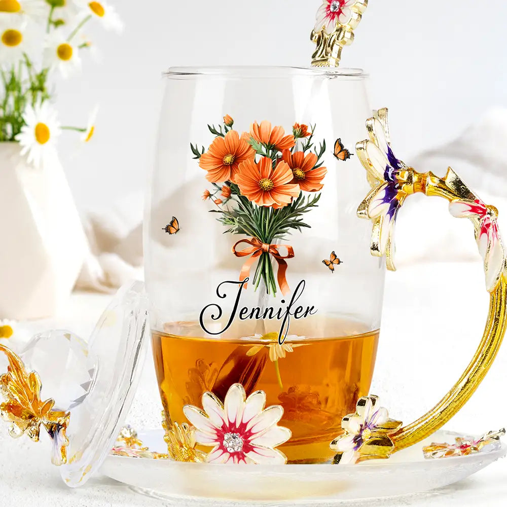 Gift For Yourself, Gift For Women, Happy, Gift For Mother, Gift For Grandma - Birth Flower Bouquet - Personalized Glass Flower Tea Cup