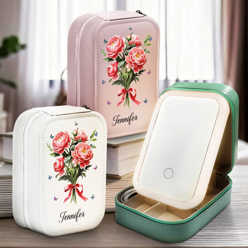 Gift For Yourself,Gift For Women,Gift For Men,Happ - Birth Flower Bouquet And Name - Personalized Makeup Box With LED Mirror