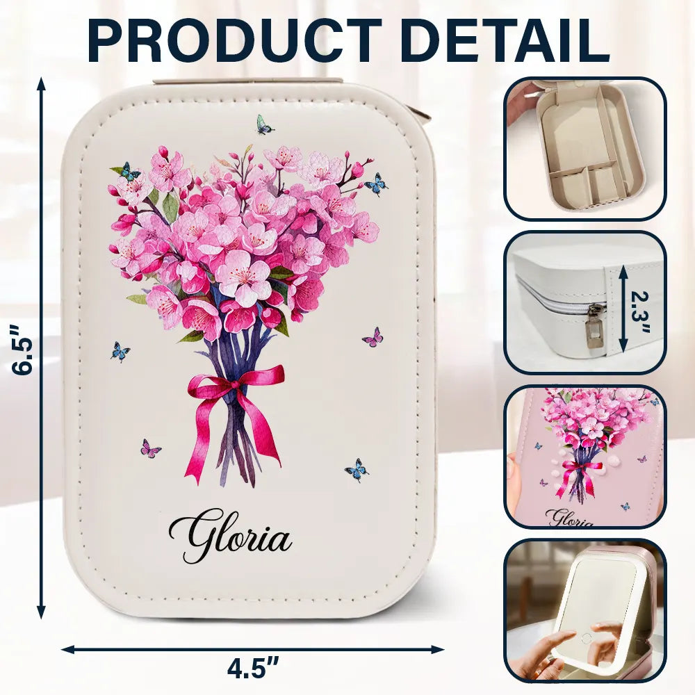 Gift For Yourself,Gift For Women,Gift For Men,Happ - Birth Flower Bouquet And Name - Personalized Makeup Box With LED Mirror