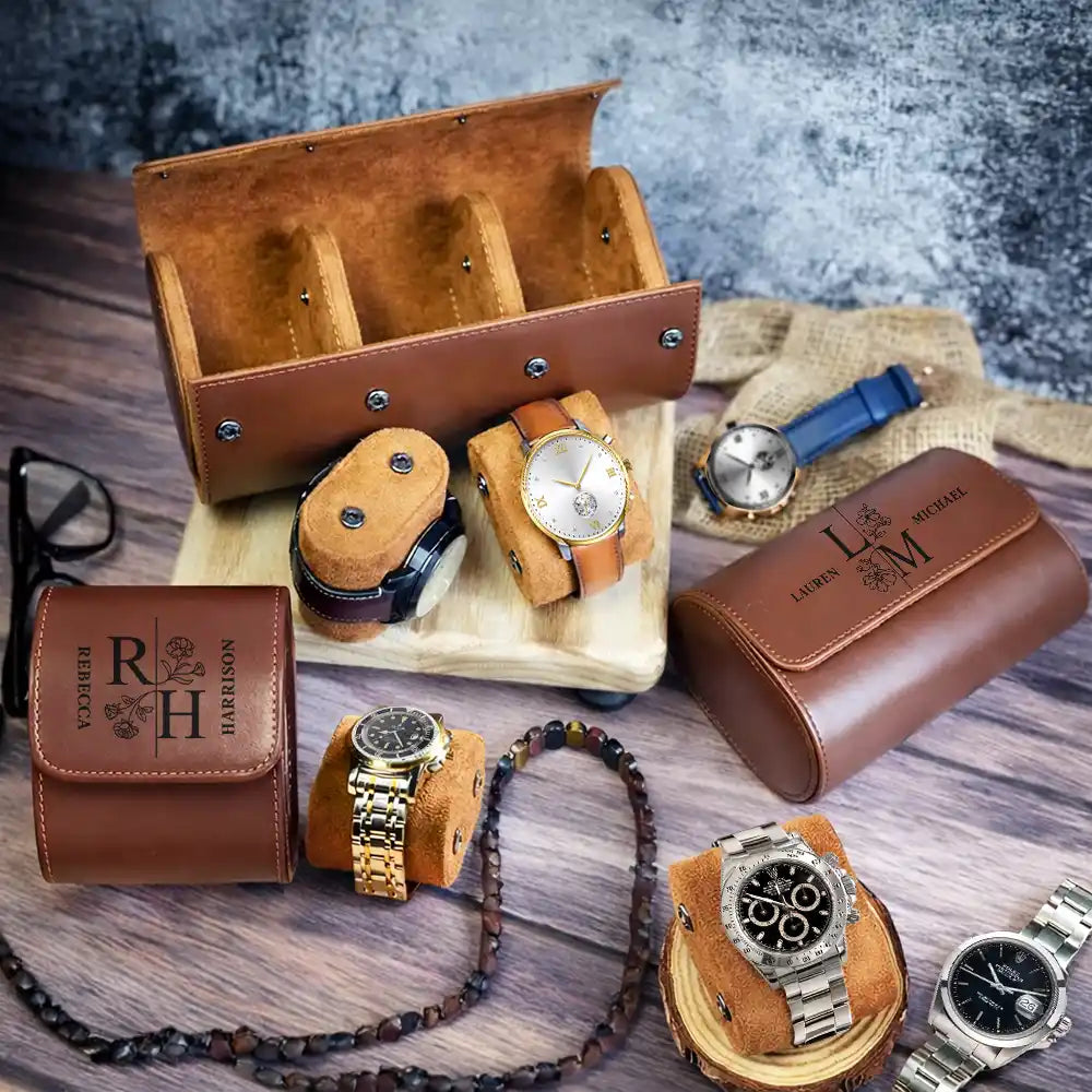 Gift For Husband, Gift For Couples, Happy - Birth Flower Couple Custom Monogram Name - Personalized Leather Watch Case