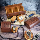 Gift For Husband, Gift For Couples, Happy - Birth Flower Couple Custom Monogram Name - Personalized Leather Watch Case