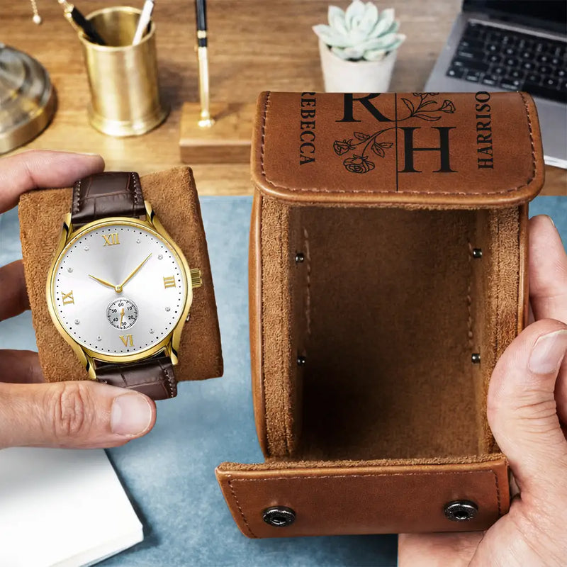 Gift For Husband, Gift For Couples, Happy - Birth Flower Couple Custom Monogram Name - Personalized Leather Watch Case
