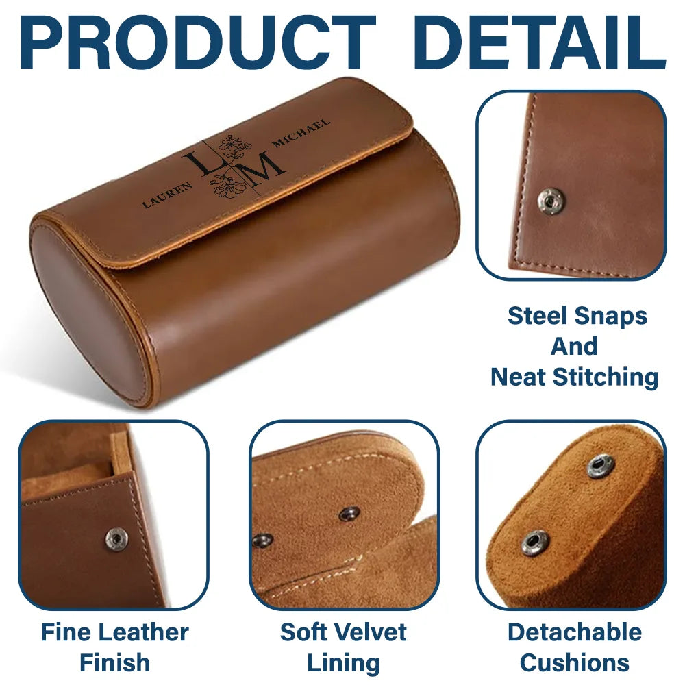 Gift For Husband, Gift For Couples, Happy - Birth Flower Couple Custom Monogram Name - Personalized Leather Watch Case