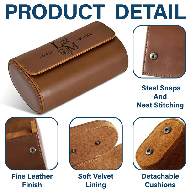 Gift For Husband, Gift For Couples, Happy - Birth Flower Couple Custom Monogram Name - Personalized Leather Watch Case