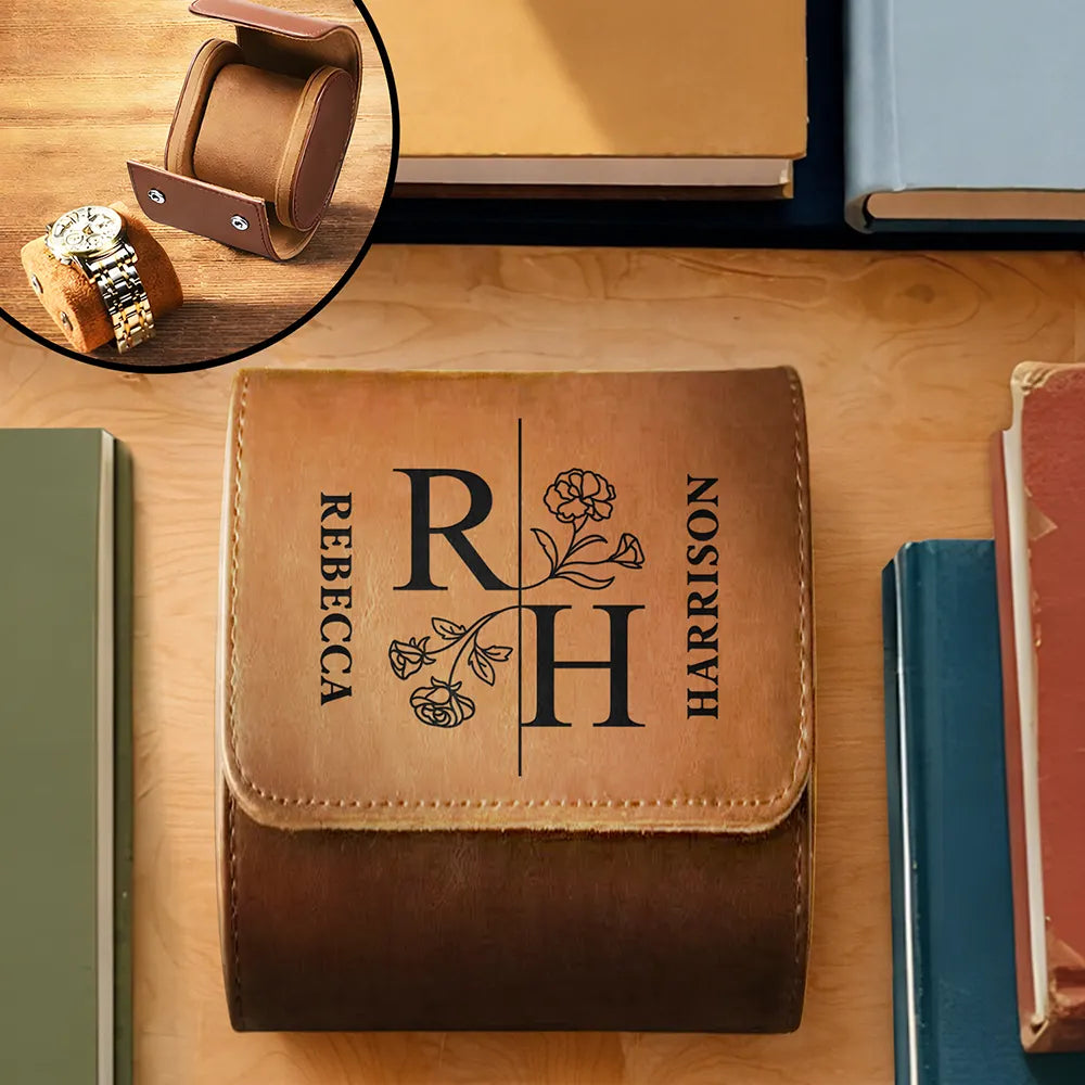 Birth Flower Couple Custom Monogram Name - Personalized Leather Watch Case