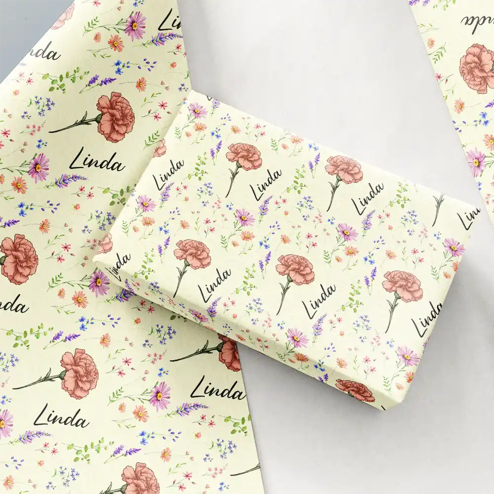 Family,Gift For Women,Happy - Birth Flower Custom Name Family Daughter Sister - Personalized Wrapping Paper
