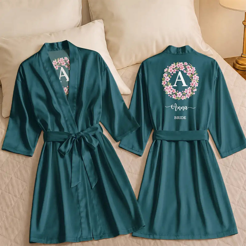 Gift For Yourself, Gift For Women, Bachelorette, Confident, Icon - Birth Flower Custom Name For Her, Bridesmaids, Friends, Wife, Mom, Daughter - Personalized Satin Robe