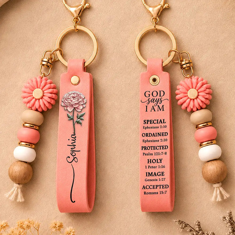 Healing,Gift For Yourself,Gift For Women,Icon - Birth Flower God Says You Are Bible Verse - Personalized Leather Beaded Keychain