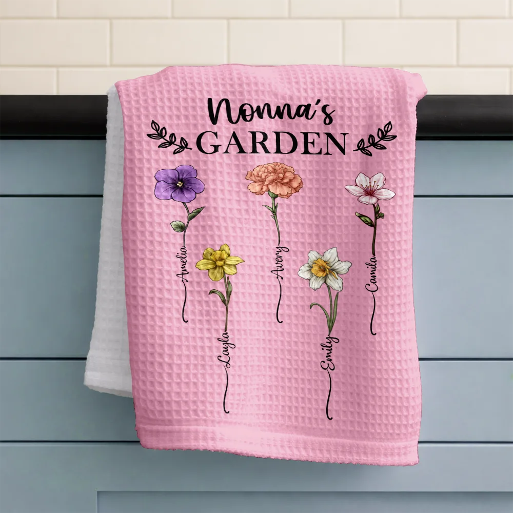 Gift For Mother,Gift For Grandma,Gift For Wife,Happy - Birth Flower Grandma's Garden - Personalized Kitchen Towel