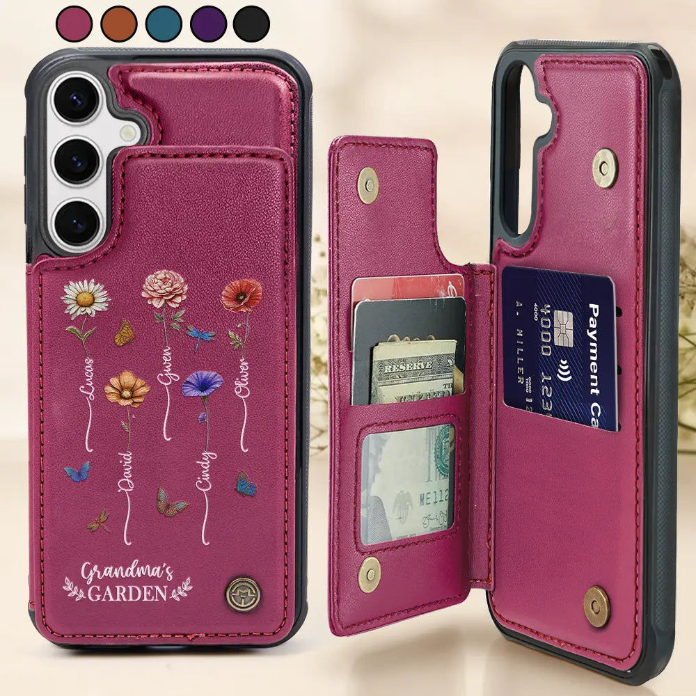 Birth Flower Grandma's Garden - Personalized Leather Flip Wallet Phone Case