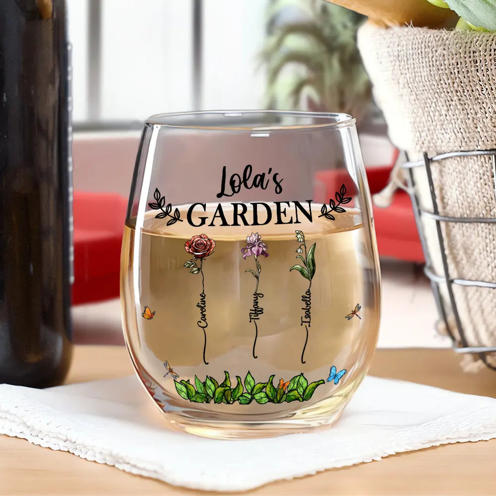 Gift For Grandma, Gift For Mother, Love - Birth Flower Grandma's Garden - Personalized Stemless Wine Glass