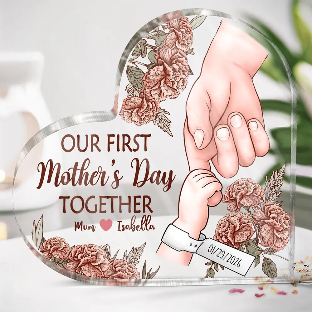 New Mom,New Dad,New baby,Gift For Mother,Love,Happy - Birth Flower Great Job New Mom - Personalized Heart Shaped Acrylic Plaque
