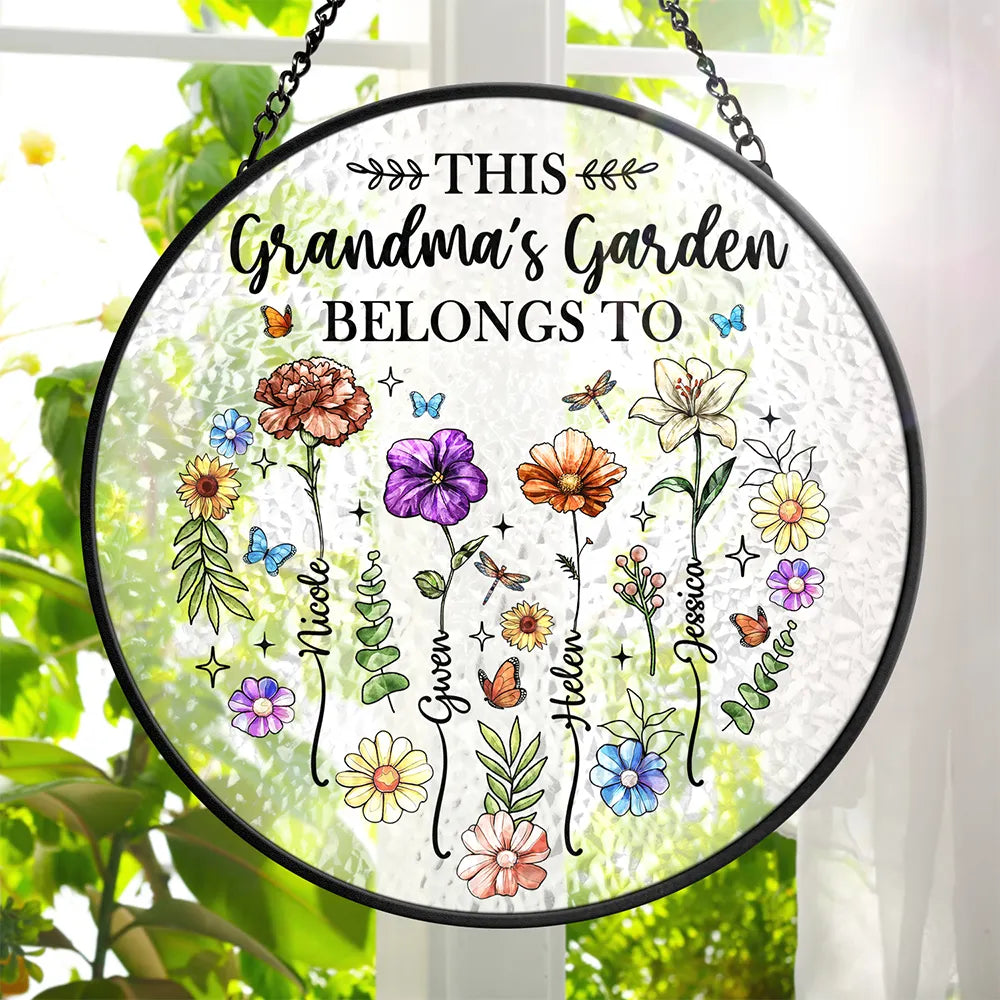 Birth Flower This Grandma's Mom's Garden Belongs - Personalized Stained Glass Window Hanging Suncatcher