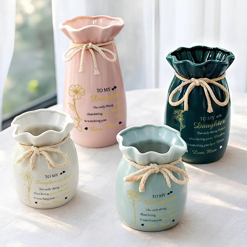 Gift For Daughter,Mom,Daughters (Adult),Happy - Birth Flower Watching You Be A Mom - Personalized Ribbon Tie Flower Vase