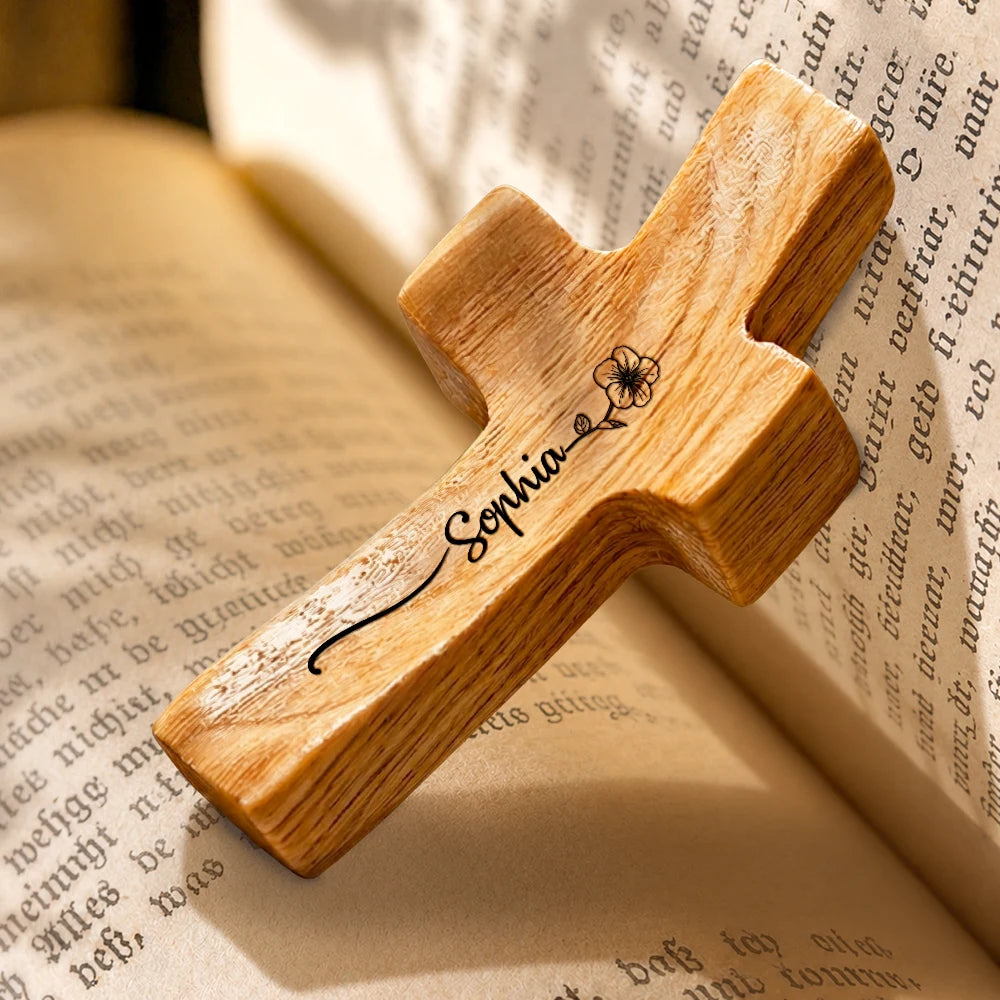 Gift For Yourself, Gift For Women, Devoted, Icon - Birth Flower With Name - Personalized Wooden Pocket Prayer Cross