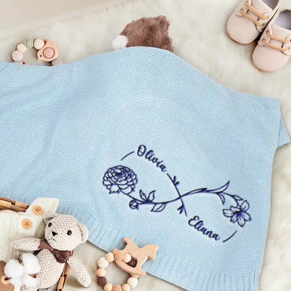 New baby, New Dad, New Mom, Gift For Kids, Happy - Birth Flowers A Mom And Her Baby Forever Linked Together - Personalized Embroidered Knitted Baby Blanket