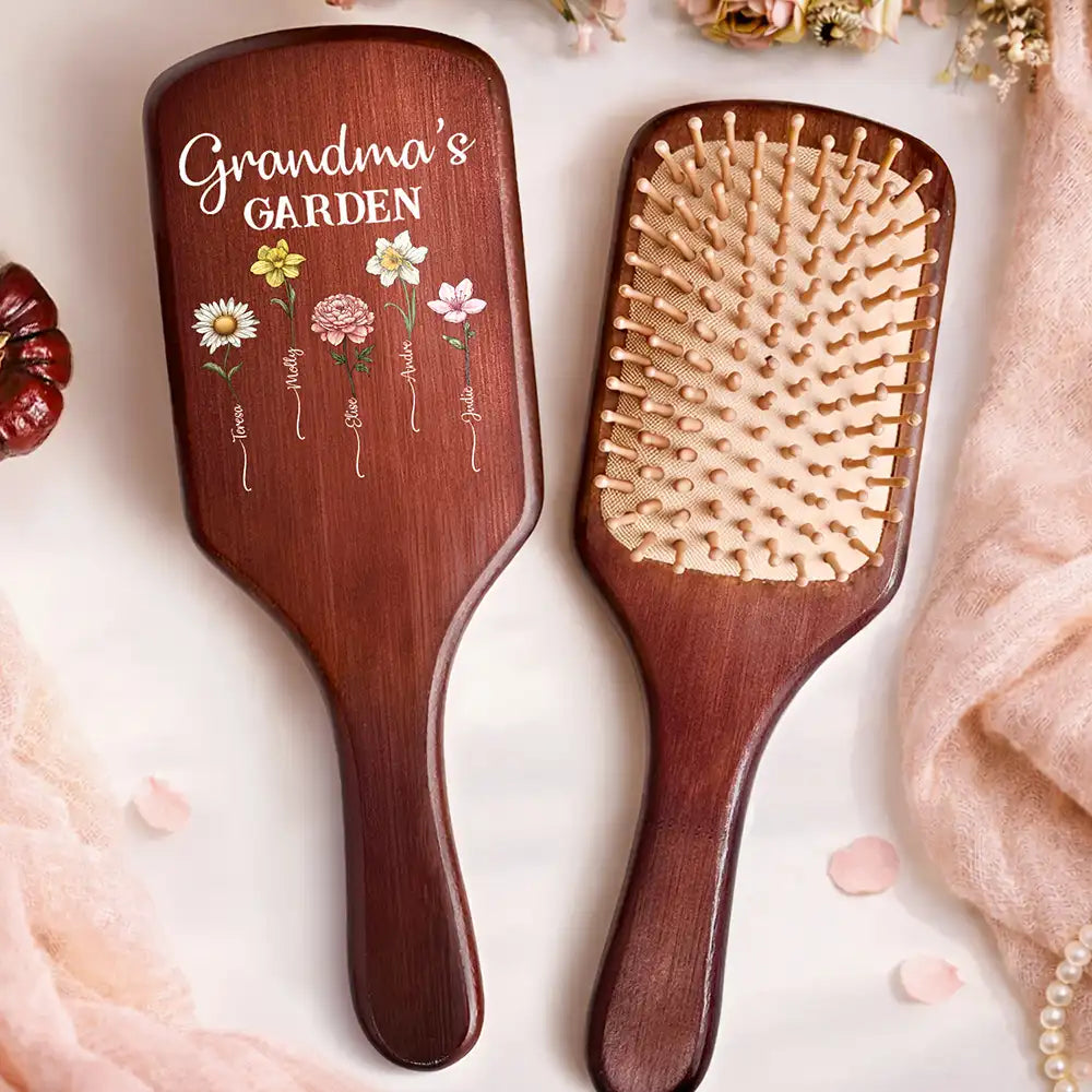 Birth Flowers Grandma's Garden - Personalized Wooden Hair Brush
