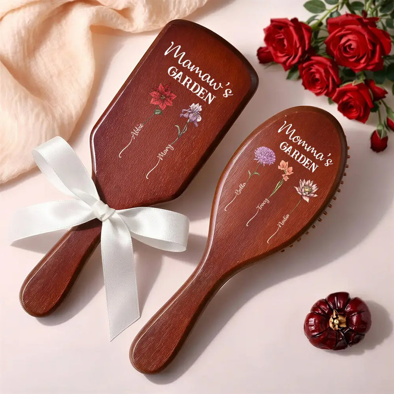 Gift For Wife,Gift For Women,Gift For Mother,Gift For Grandma,Happy - Birth Flowers Grandma's Garden - Personalized Wooden Hair Brush