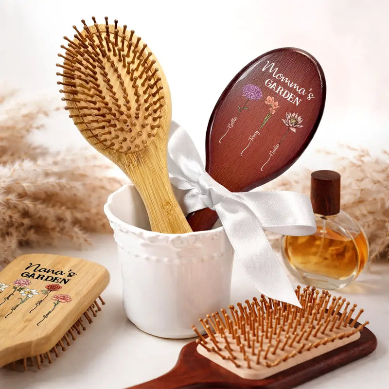 Gift For Wife,Gift For Women,Gift For Mother,Gift For Grandma,Happy - Birth Flowers Grandma's Garden - Personalized Wooden Hair Brush