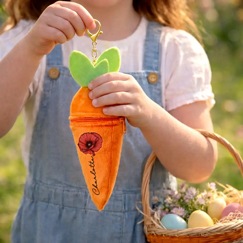 Easter,Happy,Parents,Dad - Children,Mom - Children,Gift For Kids - Birth Month Flower And Name - Personalized Plush Reversible Carrot Bunny Keychain