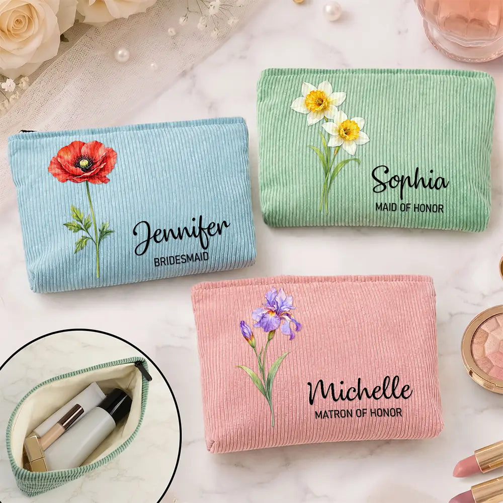 Confident,Gift For Yourself,Gift For Women,Icon - Watercolor Birth Month Flower Blooming With Beauty - Personalized Corduroy Makeup Bag