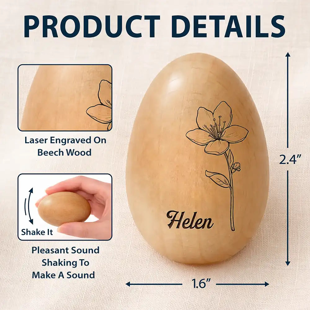 Gift For Kids, Gift For Grandkids - Birth Month Flower Blooms - Personalized Musical Wooden Easter Egg Shaker