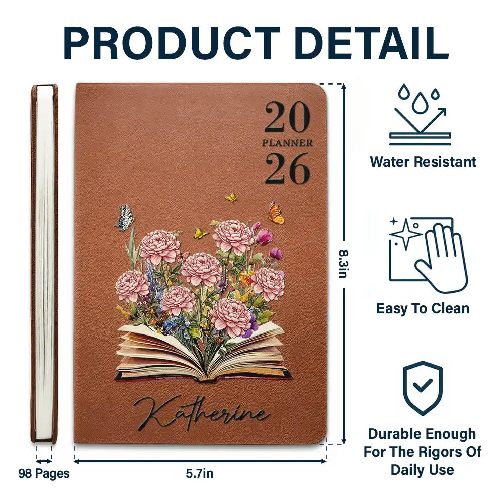 Gift For Wife,Gift For Yourself,Gift For Girlfriend,Gift For Women,Gift For Aunt,Gift For Grandma,Gift For Daughter,Gift For Sisters,Gift For Bestie - Birth Month Flower Blooms Planner 2026 - Personalized Leather Journal