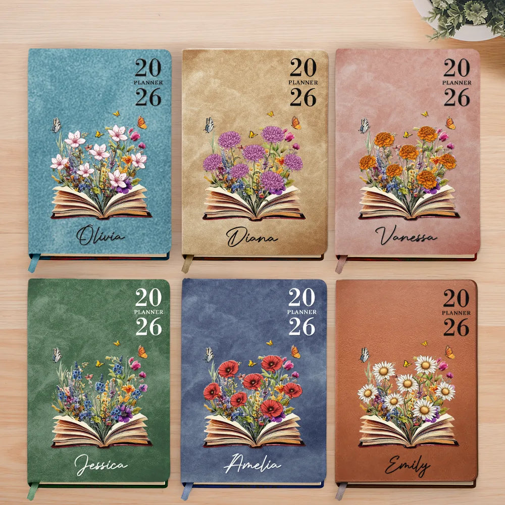 Gift For Wife,Gift For Yourself,Gift For Girlfriend,Gift For Women,Gift For Aunt,Gift For Grandma,Gift For Daughter,Gift For Sisters,Gift For Bestie - Birth Month Flower Blooms Planner 2026 - Personalized Leather Journal