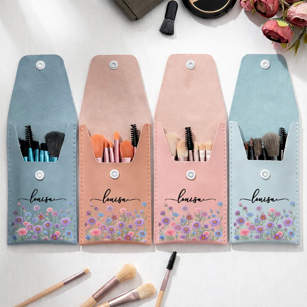 Gift For Yourself,Gift For Women,Gift For Mother,Happy - Birth Month Flower Filed & Name - Personalized Makeup Brush Bag Set